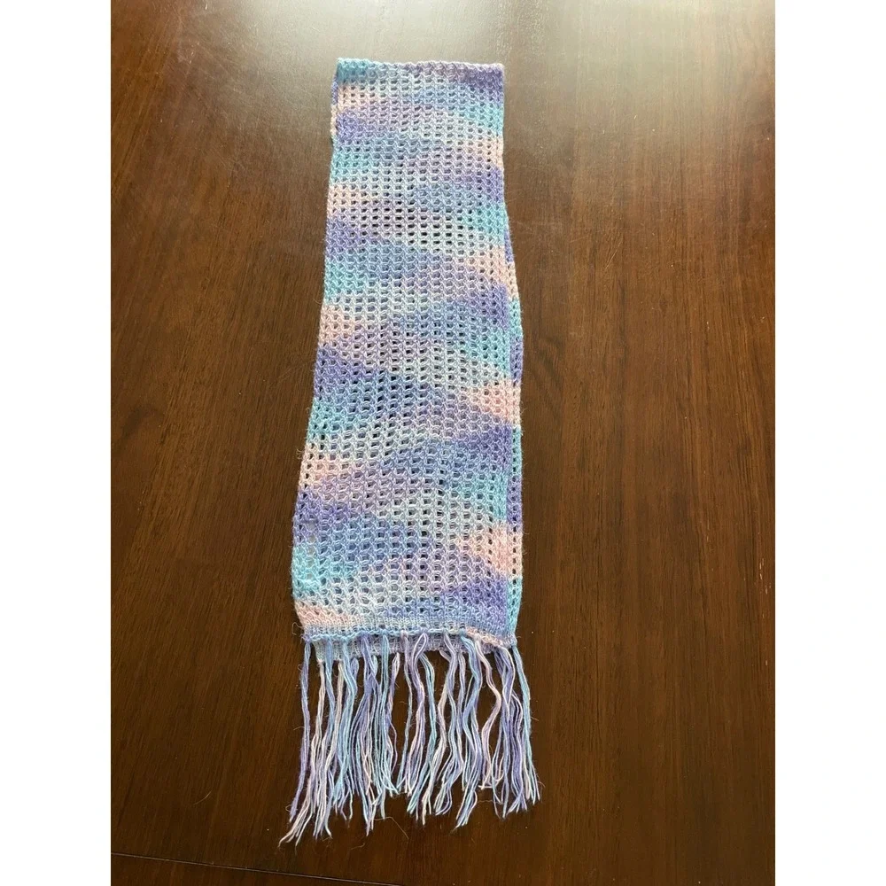 Alpaca Genuino Scarf Womens OS Pastel Blue Purple Mesh Knit Fringe Peruvian Boho